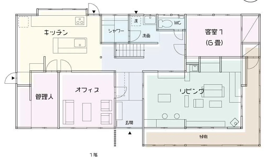 1階の間取り。キッチン、オフィス、リビング、客室1（6畳）、シャワーと洗面、トイレ