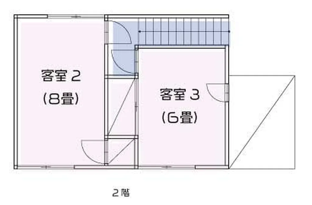 2階の間取り。客室2（8畳）と客室3（6畳）