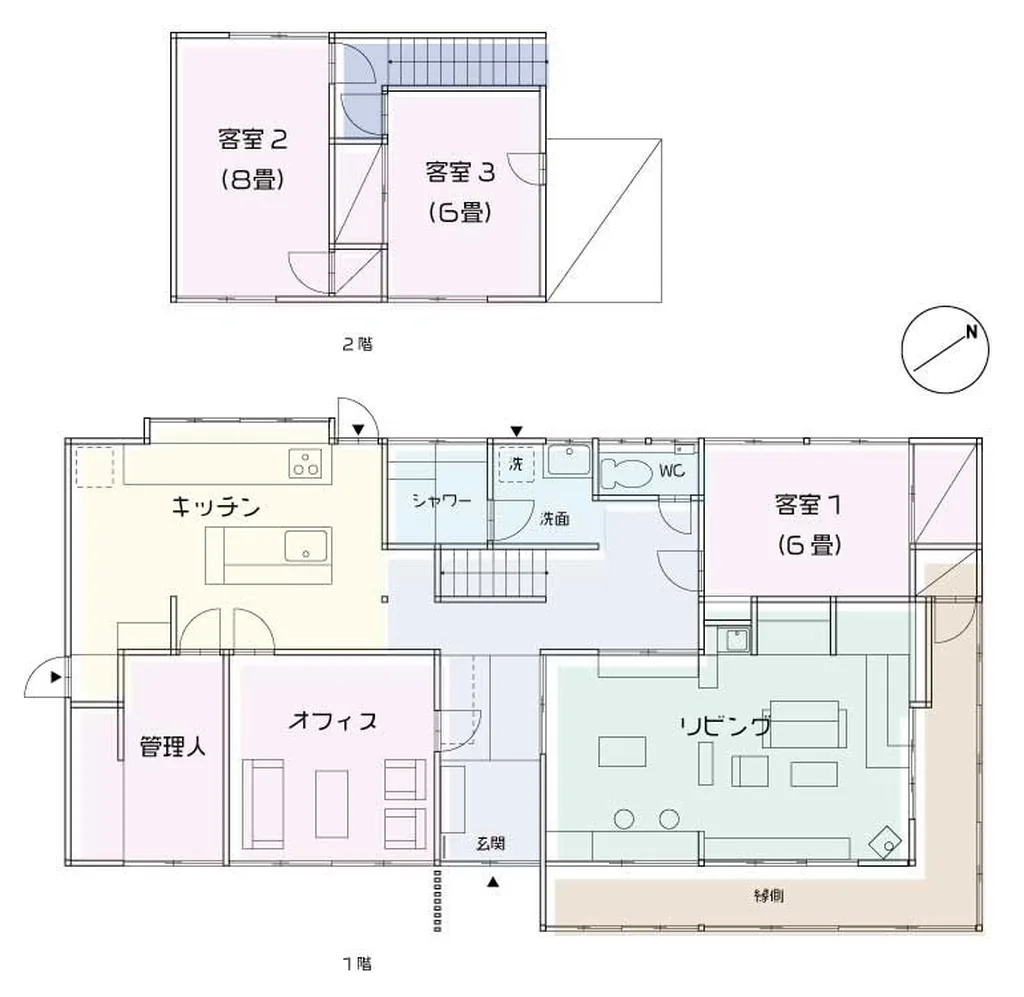 いとくるの間取り図。1階に台所・リビング・オフィス・客室1、2階に客室2と客室3