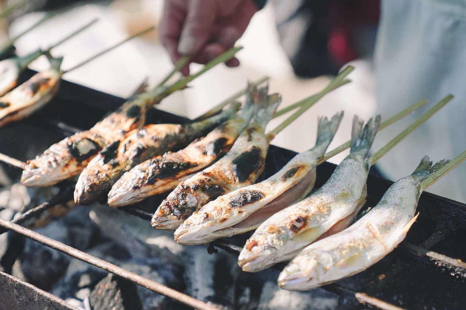 炭火で焼く魚